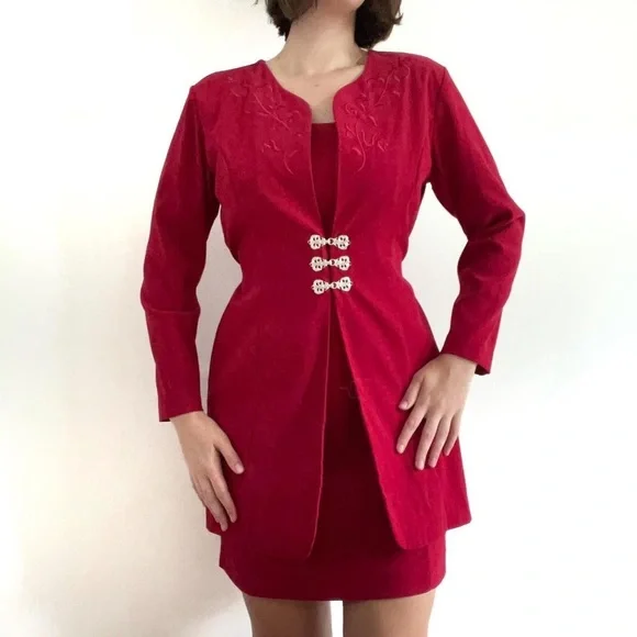 Fashion Bug Dresses | Red Velvet Vintage Corset Dress with Built in Jacket and Silver Hardware Clasps | Color: Red/Silver | Size: 10